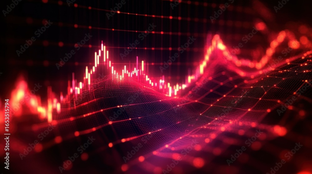 Naklejka premium Abstract red and orange glowing data chart with fluctuating waveforms and grid patterns in a dark background