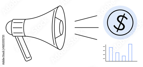 Megaphone emitting signals toward a dollar sign and a bar chart representing financial growth. Ideal for marketing, advertising, communication, revenue generation, business strategy, sales, simple
