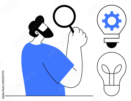 Man holding a magnifying glass analyzing ideas represented by light bulbs. Ideal for innovation, analysis, creativity, research, problem-solving, strategy, brainstorming. Clean simple flat metaphor