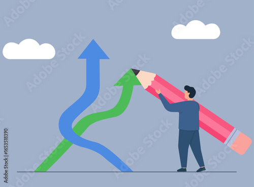 A man uses a giant pencil to draw an upward arrow, symbolizing creating your own path to success, strategic planning, and personal growth