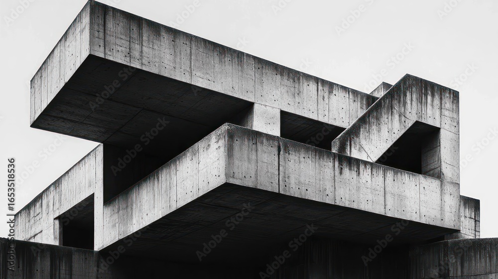 Fototapeta premium Modern brutalist concrete structure with bold geometric shapes and sharp angles captured in black and white conveying strength and architectural minimalism