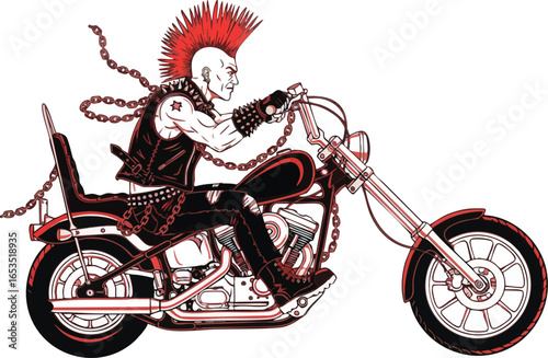 A rebellious punk rocker with a vibrant red mohawk and leather vest rides a custom chopper motorcycle.