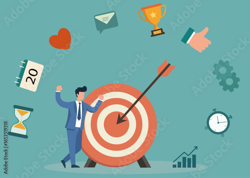 A businessman celebrates hitting a target, surrounded by icons of time, growth, and achievement, symbolizing strategic success and reaching goals