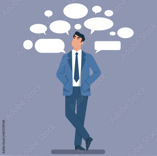 A pensive businessman is surrounded by empty speech bubbles, representing ideas, brainstorming, communication challenges, or multiple opinions