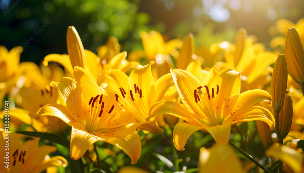 Obraz premium Close Up of Yellow Lilies in Full Bloom Under Sunlight with Green Background