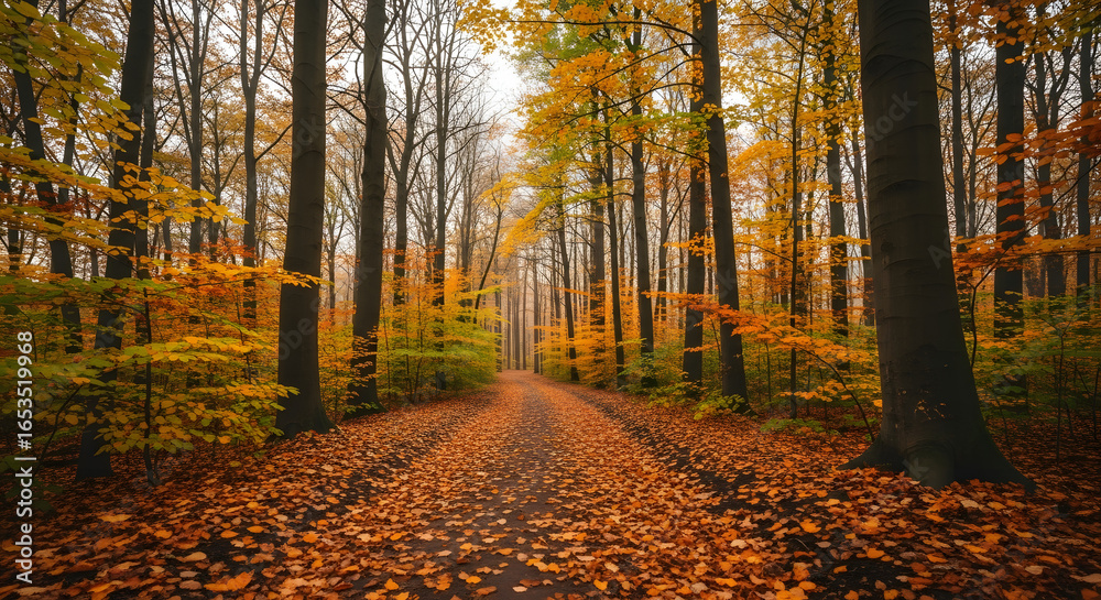 Obraz premium Immersive autumn forest path scene featuring vibrant foliage and tall trees, evoking a sense of tranquility and inviting exploration into a colorful natural landscape, highlighting seasonal beauty