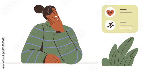 Woman pondering while looking at health tracker display with heart and exercise icons. Ideal for wellness, fitness habits, health motivation, self-care, lifestyle improvement, mindfulness, simple