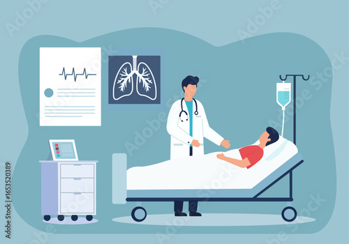 A doctor attends to a patient in a hospital room. A lung x-ray and EKG chart are on the wall, symbolizing medical diagnosis and care