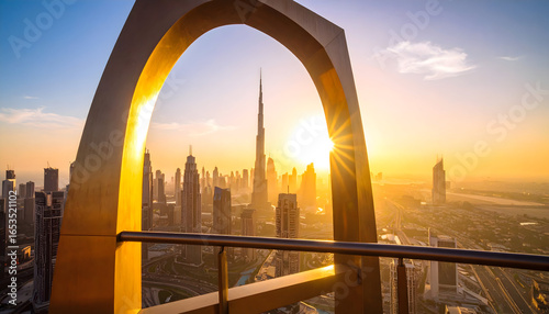 Dubai Cityscape View During Sunset Golden Light Illuminating Modern Architecture and Skyscrapers