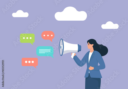 A businesswoman uses a megaphone to broadcast messages, symbolized by speech bubbles. A flat vector concept for communication, marketing, and announcements