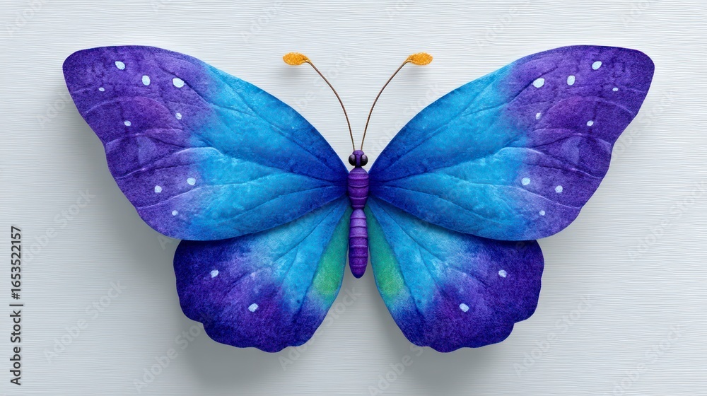 Fototapeta premium Detailed view of a vibrant blue and purple butterfly with white spots on textured white background