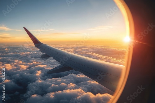 view of a plane wing flying above fluffy clouds during a golden sunset with the sun shining brightly on the horizon