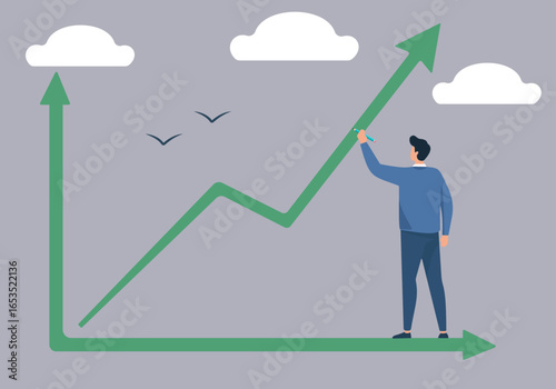 A businessman actively draws a rising graph, symbolizing control over growth, progress, and achieving ambitious financial goals