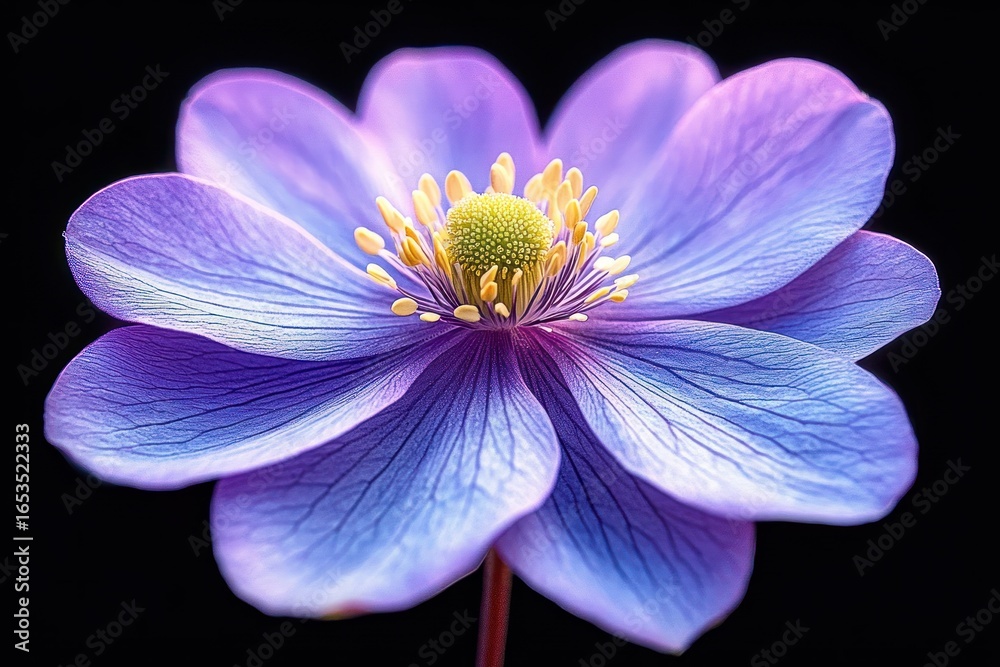 Fototapeta premium Close-up of a delicate purple flower with a yellow and green central disc against a black background, showcasing fine petal veins and soft lighting
