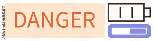 Battery icon with depleted charge next to bold DANGER text in warning colors. Ideal for safety, urgency, battery life, energy conservation, caution, power alert, technology awareness. A simple flat