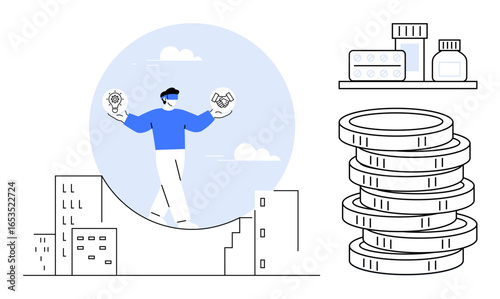Man juggling lightbulb and handshake above cityscape, pills, and coin stack. Ideal for innovation, healthcare, finance, urban growth, medical cost partnerships decision-making. Simple flat metaphor