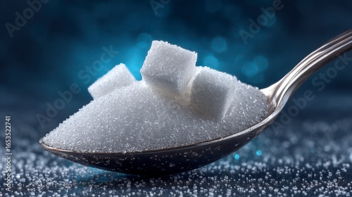 Spoon with granulated sugar and sugar cubes sparkling crystals on dark background