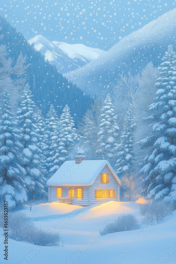 Fototapeta premium Cozy snow-covered log cabin with glowing warm lights nestled among tall snow-laden pine trees in a peaceful winter mountain forest under falling snowflakes
