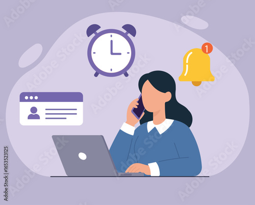 A woman multitasks at her desk, managing work, calls, and notifications. The illustration depicts productivity, time management, and a busy schedule