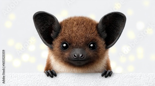 Close up of a cute baby bat peeking over a white surface with soft bokeh lights