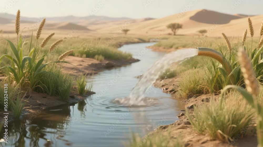 Life-giving water gushes from a pipe into a stream, transforming arid desert into a fertile landscape with lush green plants and golden wheat. Sustainable agriculture & ecological hope. Life-giving water gushes from a pipe into a stream, transforming arid desert into a fertile landscape with lush green plants and golden wheat. Sustainable agriculture & ecological hope.