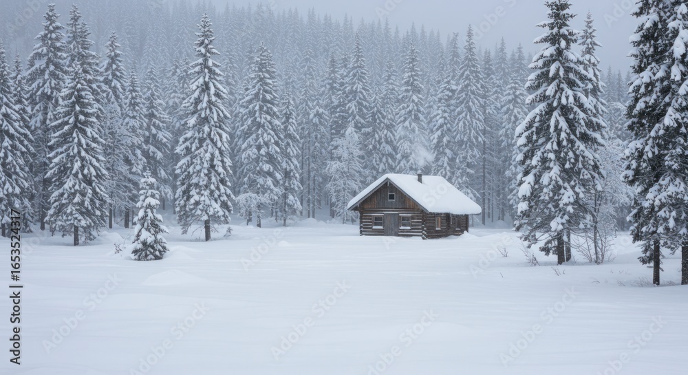 Cozy Cabin Amidst a Snowy Forest, Winter Solitude, Smoke Rising Cozy Cabin Amidst a Snowy Forest, Winter Solitude, Smoke Rising