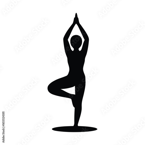 Silhouette of a Person Practicing the Tree Yoga Pose Standing Tall with Arms Raised and Hands in a Prayer Position