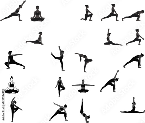 vector illustration shows 16 different yoga poses in black and white. The poses are simple line drawings of silhouettes arranged in a grid. The poses vary from seated to standing to inverted.