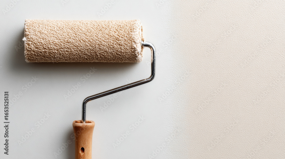 Obraz premium Beige paint roller resting on smooth wall surface, showcasing texture and color transition. scene evokes sense of home improvement and creativity