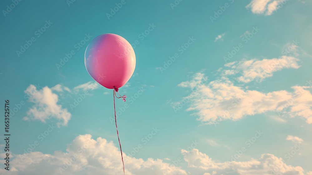 Obraz premium A single, vibrant pink balloon ascends against a soft, pastel blue sky dotted with fluffy, white clouds, evoking a sense of freedom and joy.