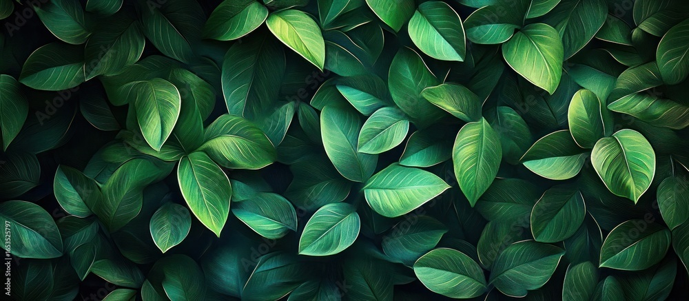Fototapeta premium Close-up view of dense green leaves with detailed veins creating a lush and vibrant natural pattern