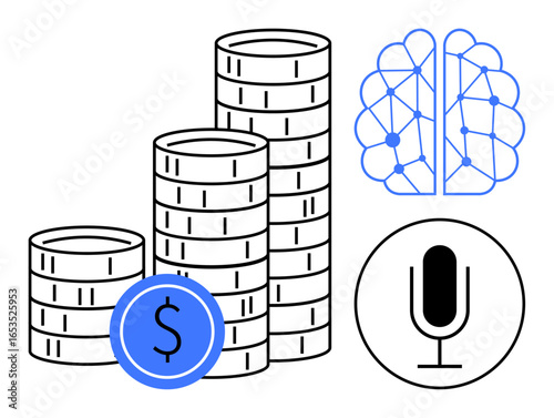 Stacked coins signify financial concepts, a neural brain symbolizes artificial intelligence, and a microphone suggests audio communication. Ideal for AI, tech finance, machine learning, data-driven