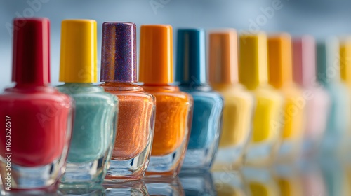 Wallpaper Mural A row of vibrant nail polish bottles in various hues, showcasing a spectrum of colors against a soft backdrop. Torontodigital.ca