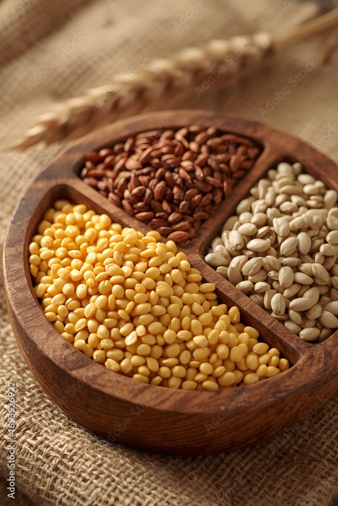 Naklejka premium A rustic wooden bowl divided into four sections, each filled with different grains and legumes, placed on burlap fabric with wheat stalks in the background, symbolizing agriculture, nutrition, and nat