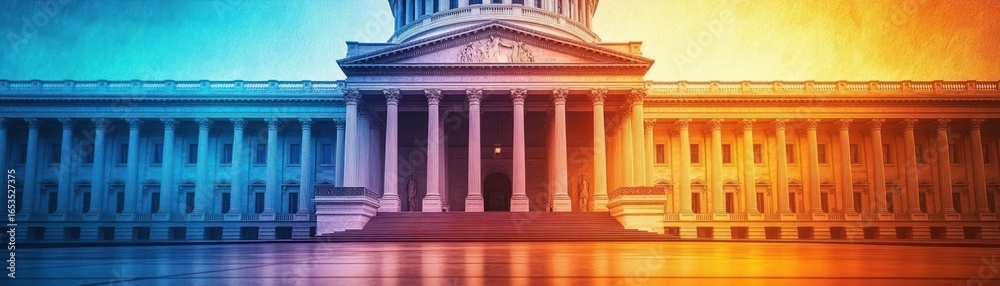 Obraz premium Front view of a large neoclassical government building with tall columns and a central dome illuminated by a warm golden light on the right transitioning to cool blue on the left