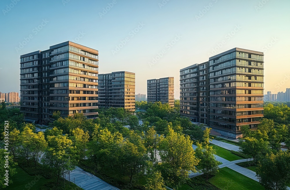 Obraz premium Modern residential buildings surrounded by lush green trees and well-maintained pathways during clear sunny day