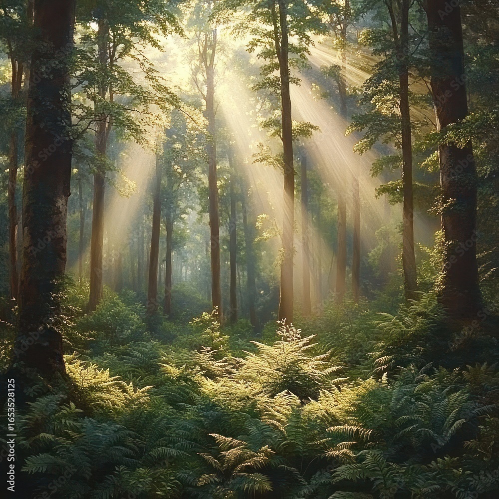 Fototapeta premium Sunlight streaming through tall trees illuminates a lush green forest filled with ferns creating a serene and peaceful atmosphere