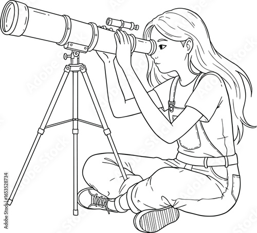 Cartoon girl using telescope, sitting on ground, astronomy exploration, black and white outline drawing, kids science, space observation, educational illustration