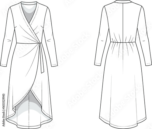 Women wrap dress, long sleeve midi dress, asymmetrical hem design, fashion flat sketch, elegant apparel illustration, garment technical drawing, clothing template