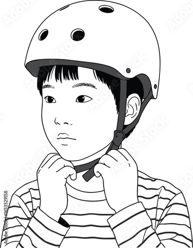 Young child wearing safety helmet illustration, boy adjusting strap, black and white drawing, protection, kid safety gear, cartoon outline art