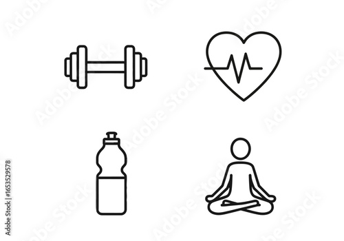 Fitness & Wellness Icons Dumbbell, Heart Rate, Water Bottle, Yoga