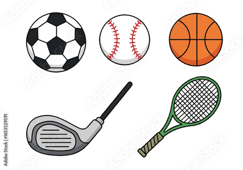 Sporting Equipment Collection A Versatile Set of Balls, Rackets and Golf Club