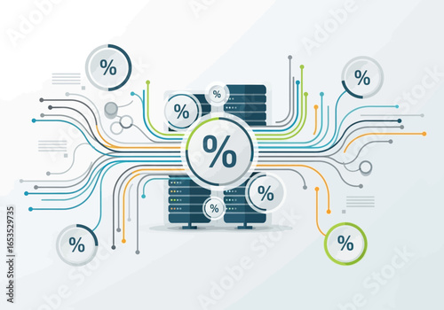 Dynamic data processing and statistical analysis visualized with interconnected servers, highlighting financial performance and strategic business growth.