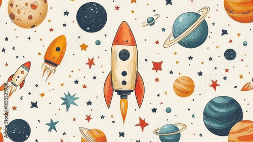 Seamless pattern of colorful vintage style rockets, planets, moons, and stars on a light background conveying a playful outer space adventure theme
