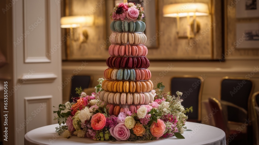 Fototapeta premium Macaron Tower: Elegant Dessert Display with Floral Decoration