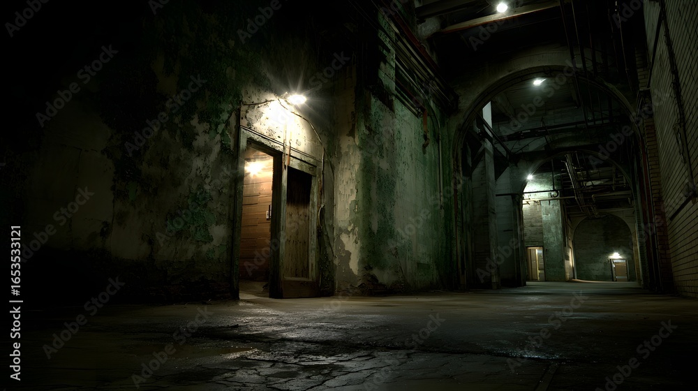 Fototapeta premium A dimly lit, decaying interior passageway, highlighted by subtle light sources, evokes a sense of mystery and foreboding.