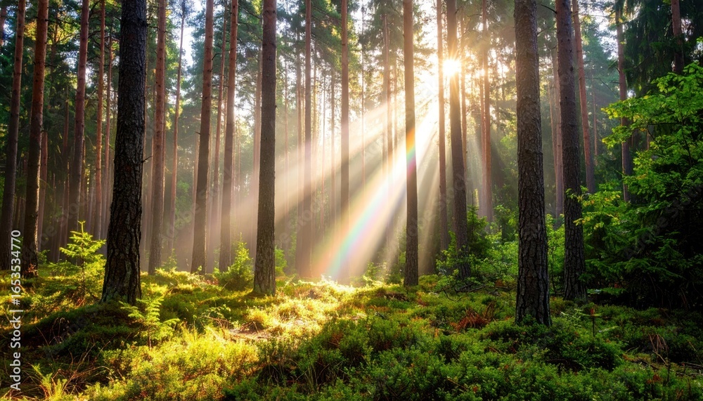 Obraz premium Sun rays shining through a green forest landscape.