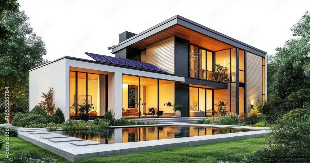 Fototapeta premium Modern two-story house with large glass windows and warm interior lighting at dusk, surrounded by lush greenery and featuring a reflective swimming pool in the foreground
