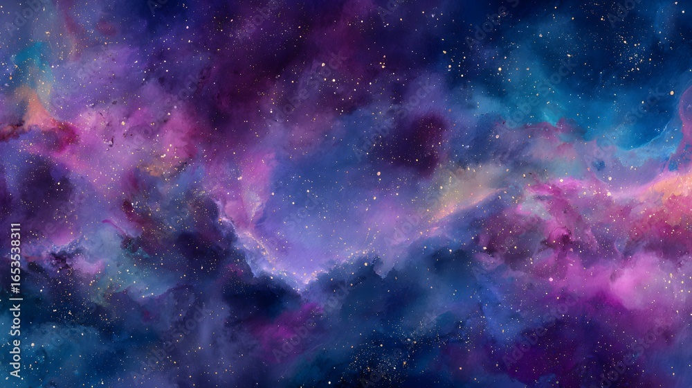 Fototapeta premium A vibrant depiction of swirling cosmic nebulae, filled with scattered stars and a blend of deep purples, blues, and pinks.
