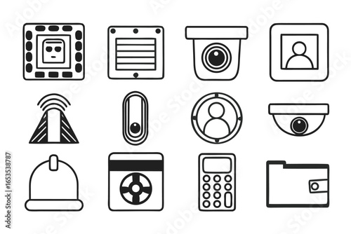 Set of twelve black and white icons including security cameras and personal items surveillance